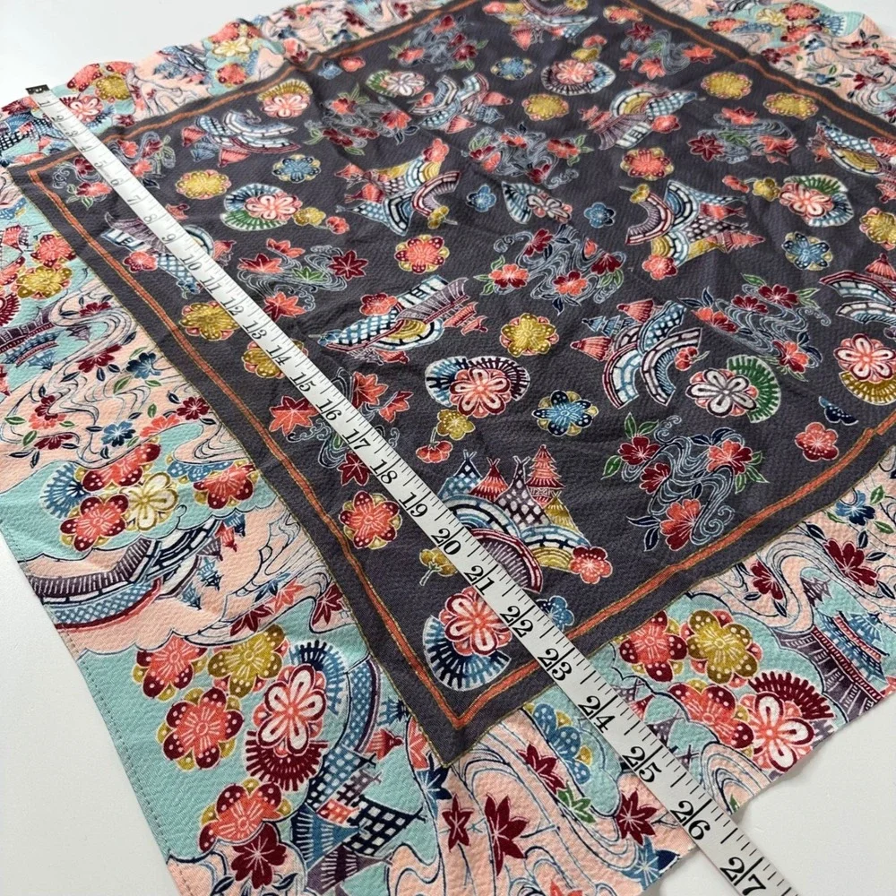 Ryukyu Bingata Japanese Square Scarf Silk Rayon Black Pink‎ Floral Spring 27x27